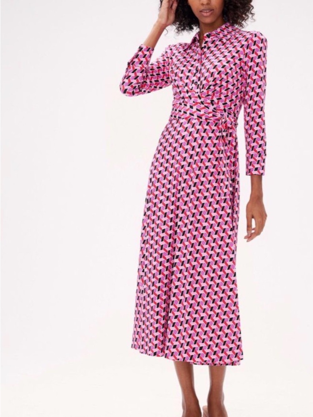NEW NWOT Diane Von Furstenberg Sana Geo Print Long Sleeve Wrap Front Dress L - Picture 3 of 16